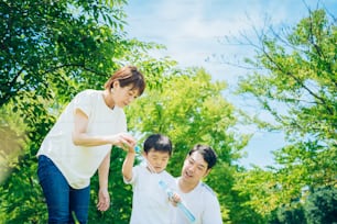 Eltern und ihr Kind spielen mit Seifenblasen im Park