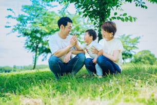 Parents and their child sitting on a sunny green space on fine day