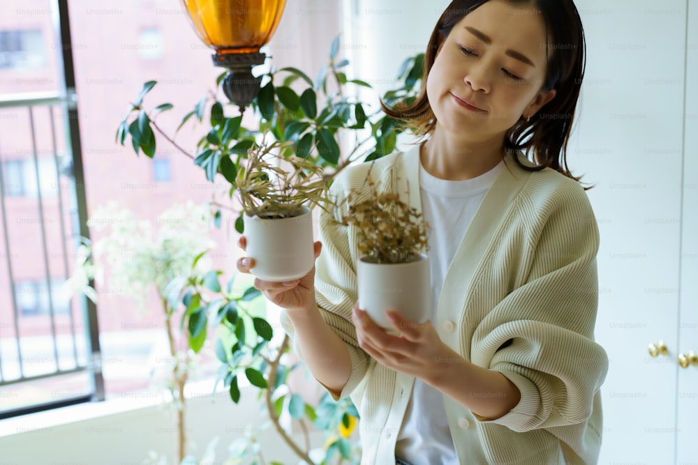 A woman holding a pot of dead foliage plants by the window