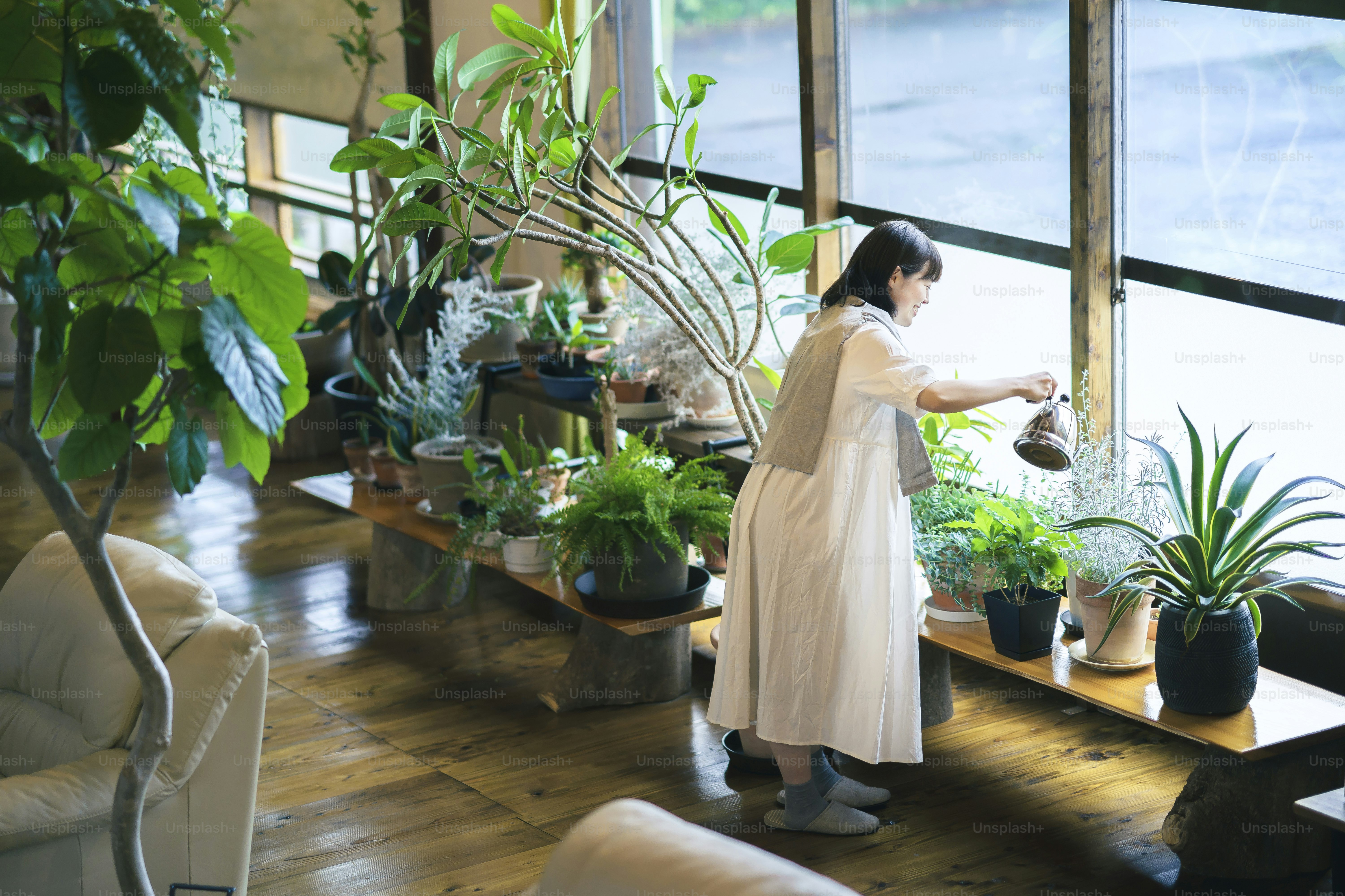 A young woman looking at the foliage plants with a smile