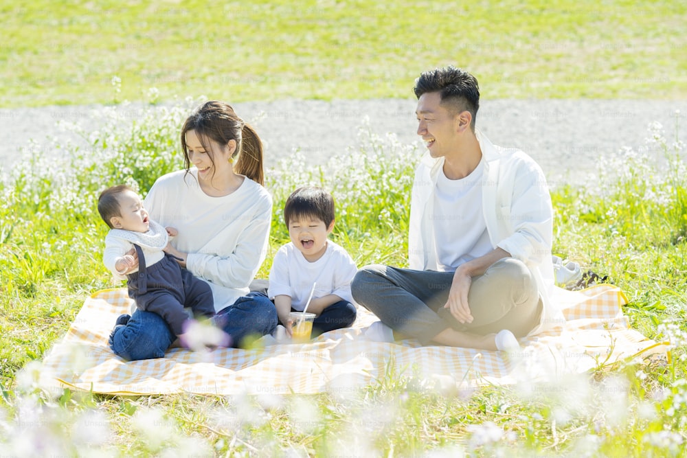 Asian parents and children enjoying a picnic on green area