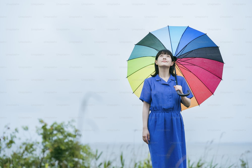 Uma mulher segurando um guarda-chuva colorido na chuva