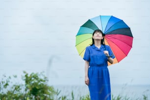 A woman holding a colorful umbrella in the rain