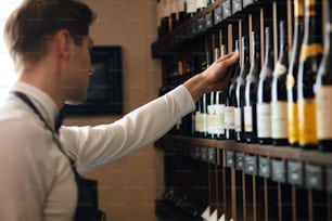 Retrato del joven dueño de una tienda de vinos vestido con camisa blanca y delantal oscuro con pajarita haciendo una descripción de los tipos de vino en su bodega
