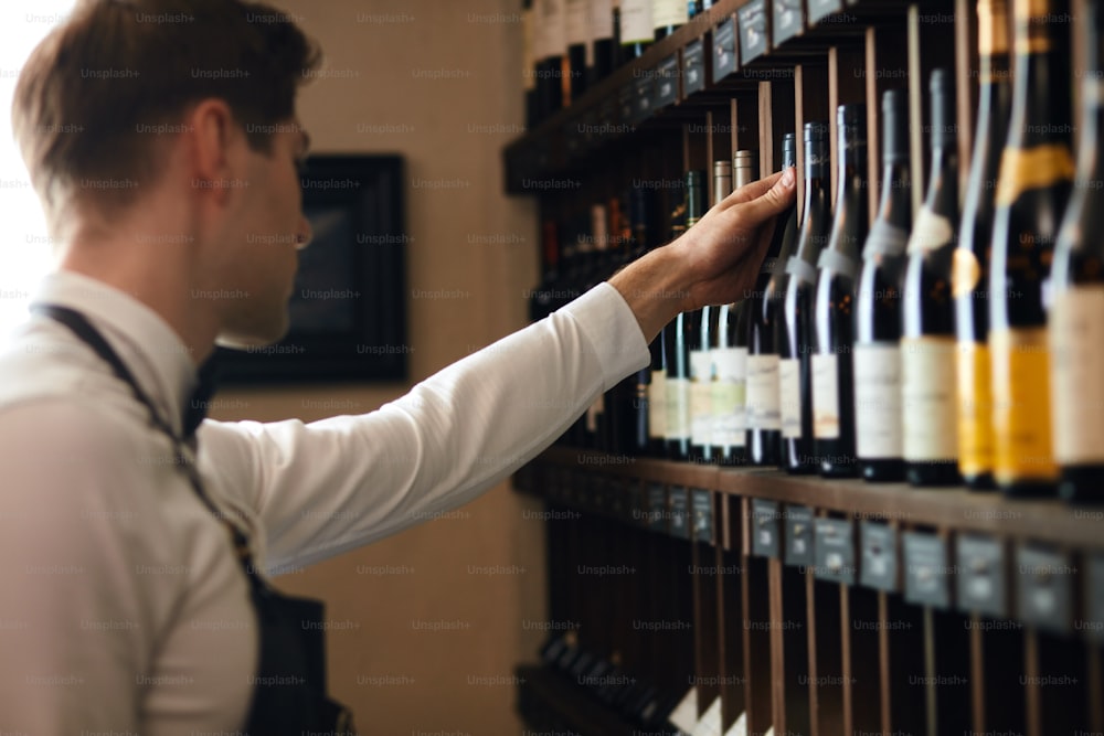 Portrait of young confident wine store owner dressed in white shirt and dark apron with bow tie making description of wine sorts in his bodega