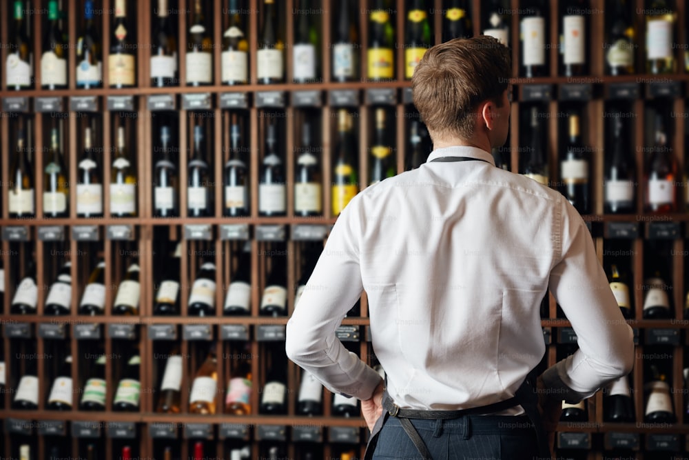 Dos de l’élégant vendeur de vin sélectionnant le vin en fonction de son pays d’origine et de son millésime pour les clients en magasin de vin