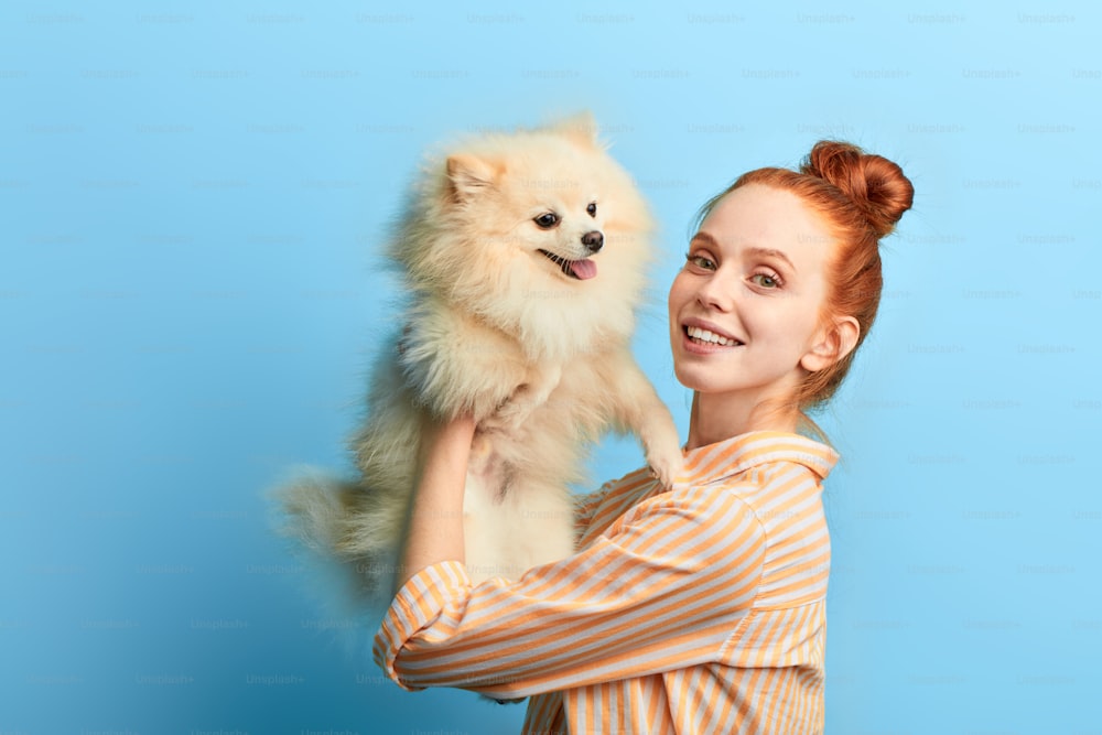 pleasant kind cute girl holding adorable pet, posing to camera, close up portrait, studio shot.love at fist sight. friendship concept. woman with hairbun expresses sincere emotions.