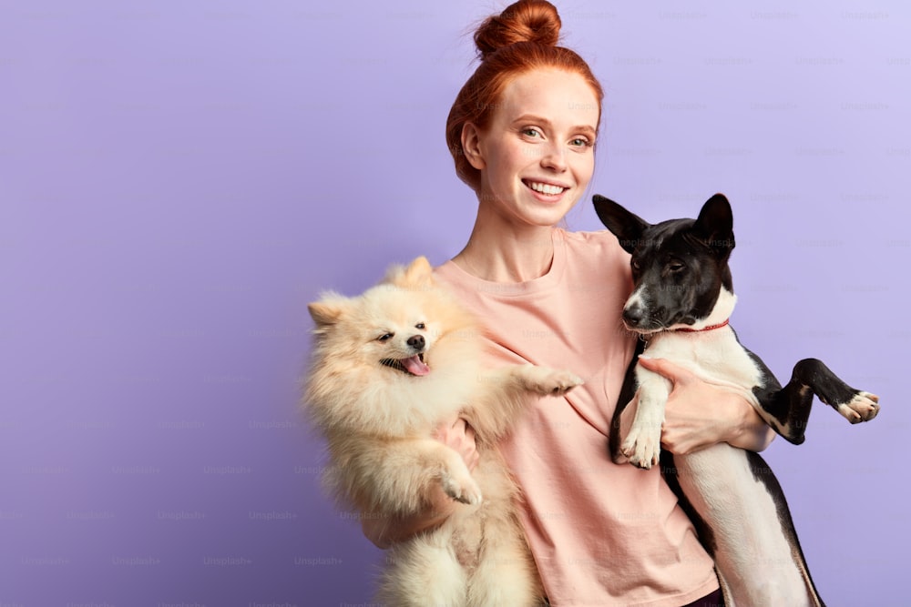 ginger overjoyed girl hugging her adorable pets, close up portrait, isolated blue background, studio shot, lifestyle free time, spare time. big family