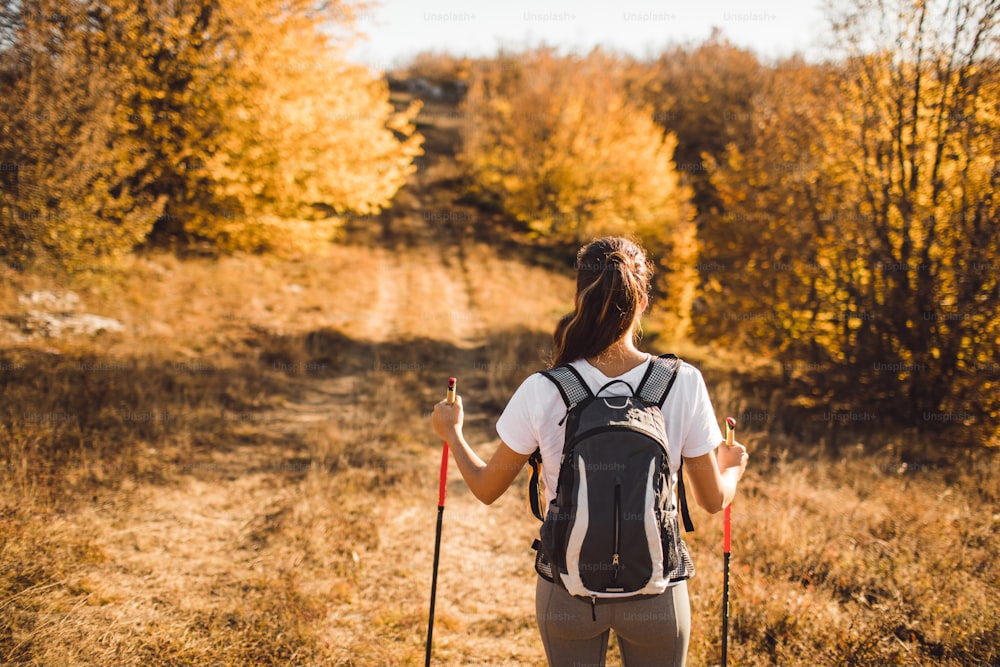 Vista traseira da mulher com mochila e varas de trekking. Caminhada nórdica. e caminhadas. Natureza de outono ao redor e caminho a seguir. Conceito de viagem.