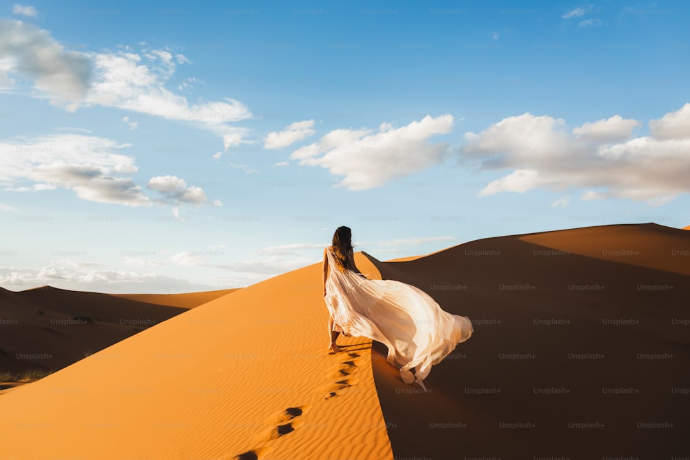 놀라운 실크 웨딩 드레스를 입은 여자는 일몰 빛에 사하라 사막 모래 언덕의 환상적인 전망을 가지고 있습니다. 아프리카 모로코의 풍경. 뒤에서 봅니다.
