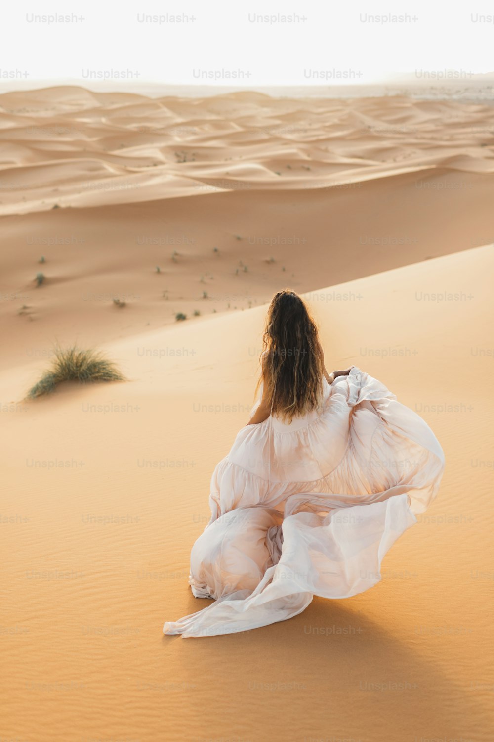 Ritratto della donna della sposa in abito da sposa incredibile nel deserto del Sahara, Marocco. Luce calda della sera, bella tonalità pastello, dune di sabbia all'orizzonte. Vista da dietro.