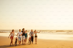 sechs Freunde, die sich am Strand in Goa, Indien, treffen und Zeit miteinander verbringen.