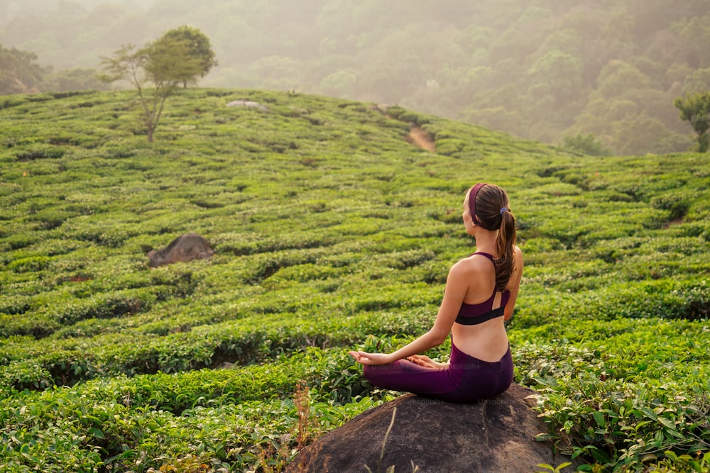 woman in violet cloth doing yoga on tea plantations in Munnar hill Kerala India.