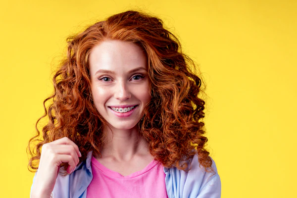 Woman smiling beautifully with dental braces brackets
