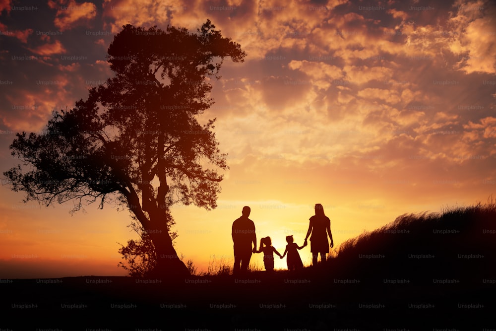 Happy family silhouette standing on against sunset time.