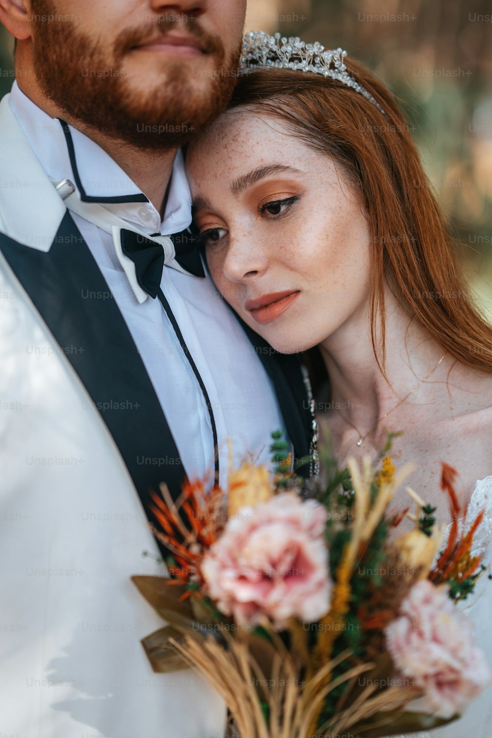 Bride and groom together, and looking eachother with fascinated wide open eyes. Wedding concept. High quality photo