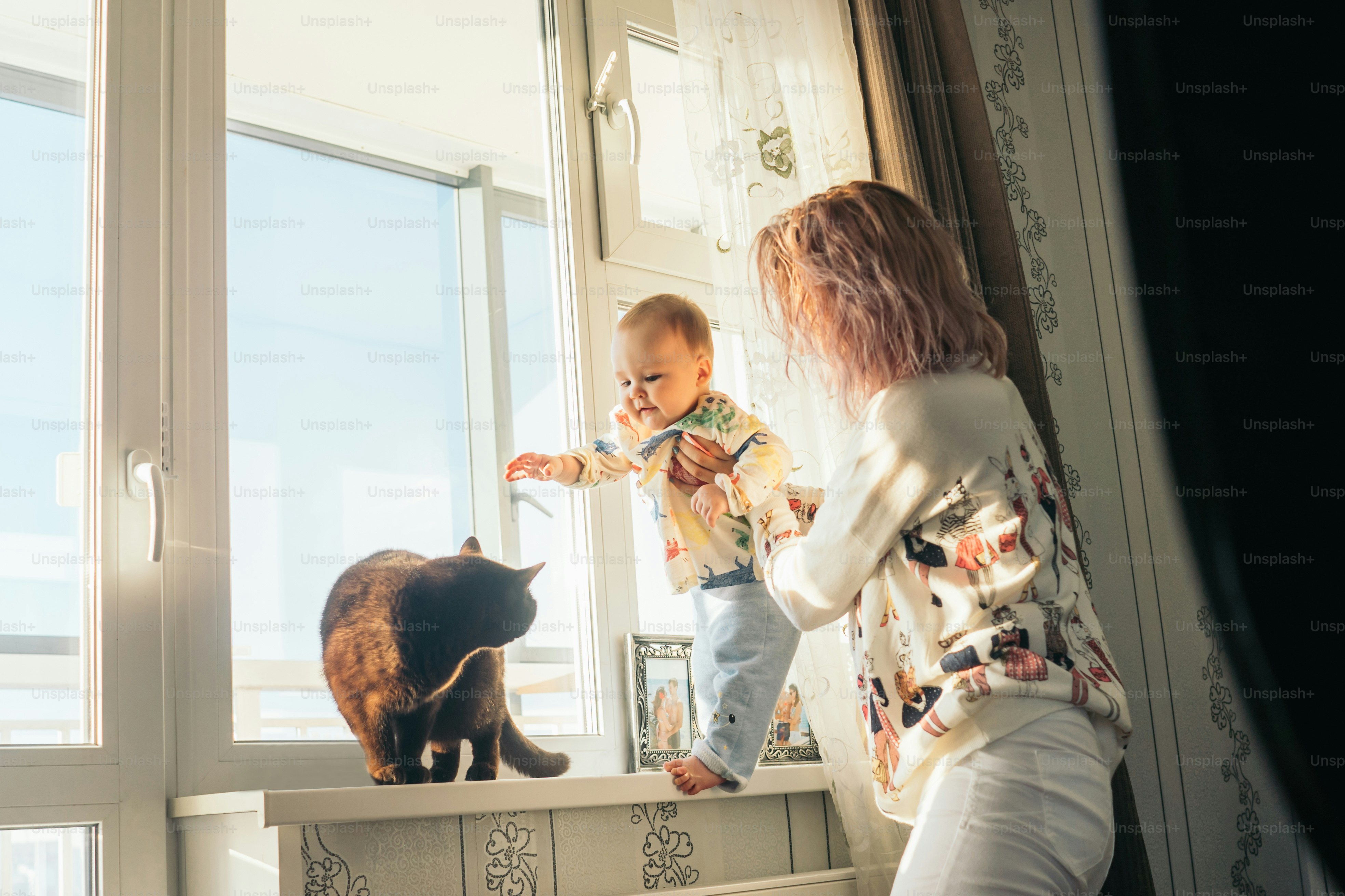 Happy young mother with cute baby boy and british cat on windowsill. At home near window. Sun light on the baby.