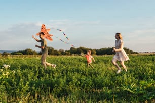 Giovane famiglia felice con il bambino piccolo correre nel campo e far volare un aquilone. Vista frontale.