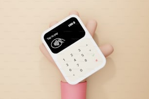 eine Hand, die einen rosa-weißen Taschenrechner hält