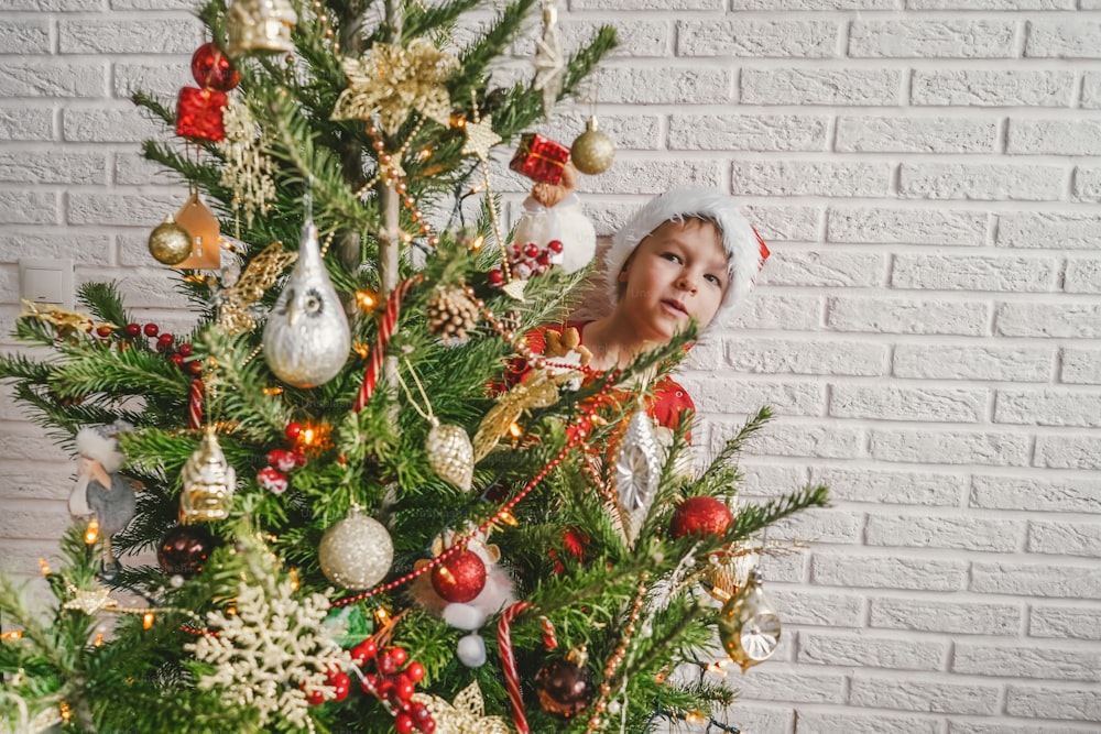 Il bambino fa capolino da dietro un albero di Natale. Sfondo del muro di mattoni bianchi. Concetto di Natale e Capodanno. Copia spazio.