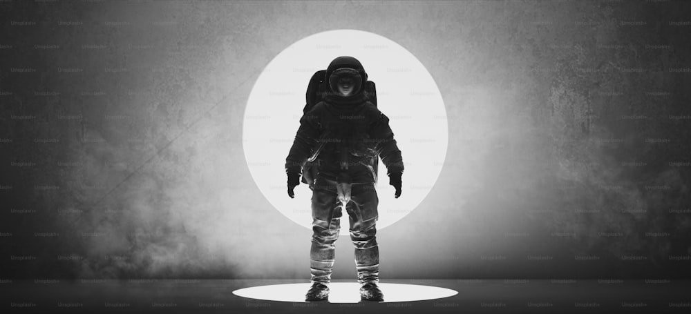 Astronaut Asian Woman Dark Silhouette in front of a Sunny Round Window with Mist Cyber Punk Black and White 3d illustration 3d render