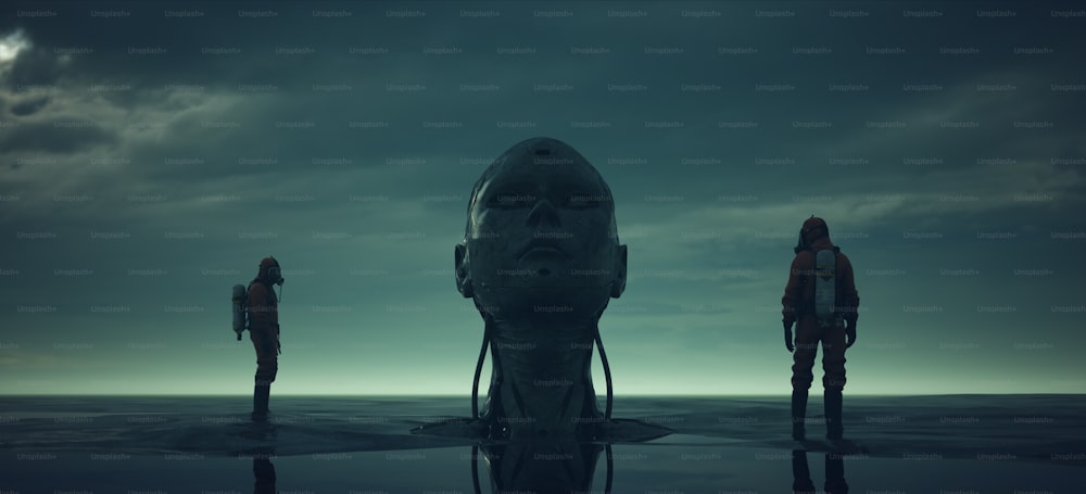 Großer Cyborg-Roboter, der mit 2 Personen im Schutzanzug im Schlamm stecken geblieben ist Post-Apokalyptische Halloween-Sci-Fi-Ödnis Biohazard 3D-Illustration 3D-Rendering