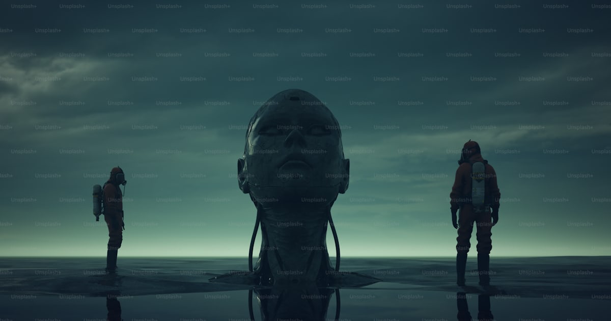 Gran robot cyborg enterrado atrapado en el barro con 2 personas en ...