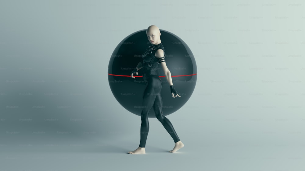 Futuristische weibliche Figur in Schwarz, die mit Alien Geo Sphere AI Super Computer Droid 3D-Illustrations-Rendering spazieren geht