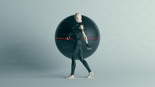 Personaggio femminile futuristico in nero che cammina con Alien Geo Sphere AI Super Computer Droid 3d illustrazione render