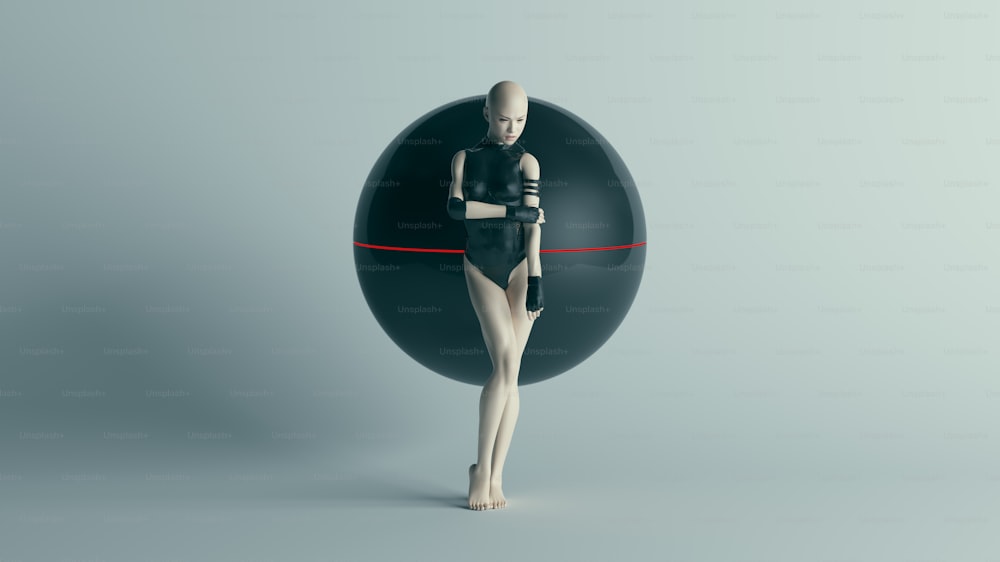 Personaje femenino futurista en negro con Alien Geo Sphere AI Super Computer Droid 3d ilustración render