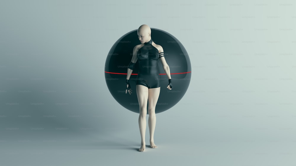 Futuristic Female Character Standing Aggressively with Black with Alien Geo Sphere AI Super Computer Droid 3d illustration render