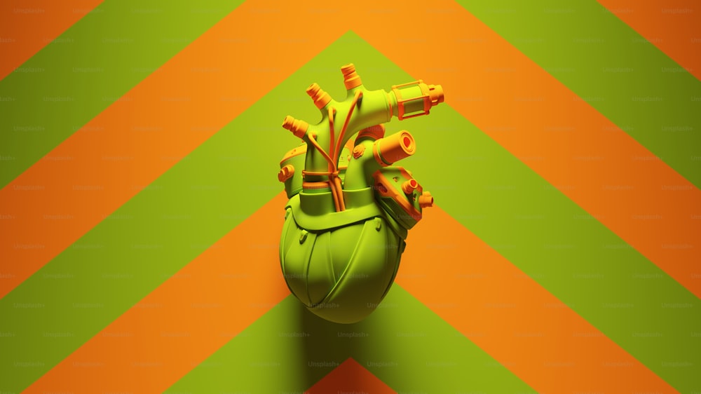 Grün Orange Cyborg Herz mit grünem und orangefarbenem Chevron-Hintergrund 3D-Illustrations-Rendering