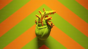 Grün Orange Cyborg Herz mit grünem und orangefarbenem Chevron-Hintergrund 3D-Illustrations-Rendering