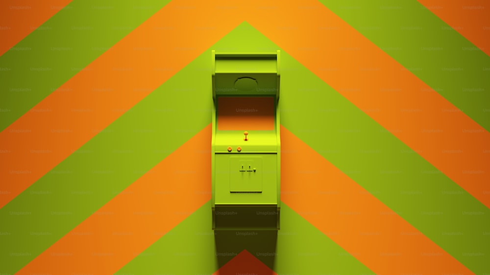 緑のオレンジ色のシェブロンパターンの背景に緑のオレンジ色のアーケードマシン3Dイラストレンダリング