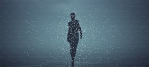 Cíclope alienígena siendo mujer humanoide formada a partir de esferas negras caminando en el agua y esferas blancas flotantes vista frontal día nublado 3d ilustración render