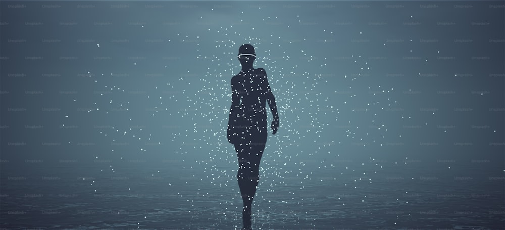 Cíclope alienígena siendo mujer humanoide formada a partir de esferas negras caminando en el agua y esferas blancas flotantes vista frontal día nublado 3d ilustración render