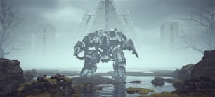 Futuristic AI Battle Droid Cyborg Mech in a Landscape near Foggy Abandoned Brutalist Style Architecture in the Distance 3d illustration render