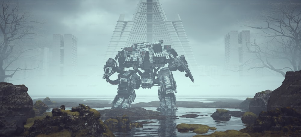 Futuristico IA Battle Droid Cyborg Mech in un paesaggio vicino a Foggy Abandoned Brutalist Style Architecture in the Distance 3d illustration render