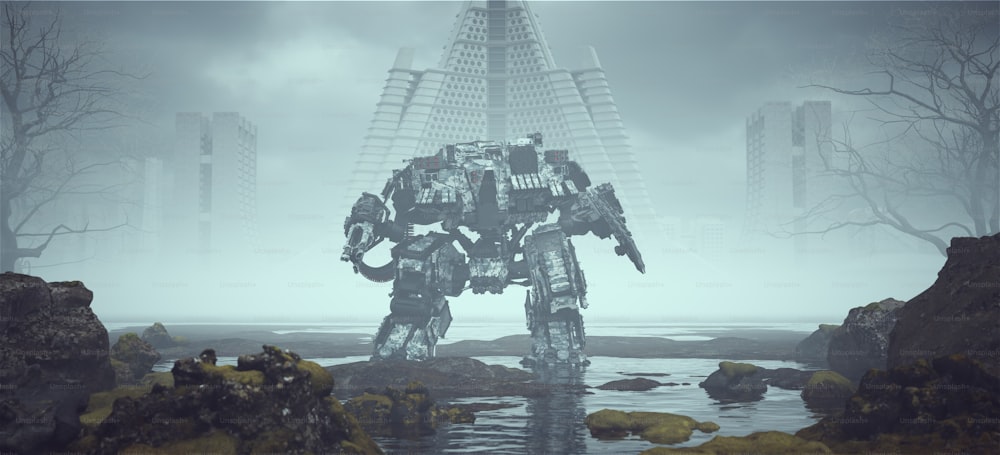 Futurista AI Battle Droid Cyborg Mech en un paisaje cerca de Foggy Arquitectura de estilo brutalista abandonado en la distancia Ilustración 3D render