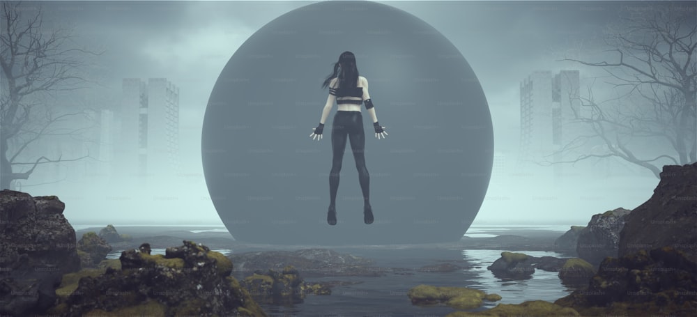 Superhéroe femenino futurista flotando frente a una misteriosa esfera negra en un paisaje cerca de Foggy Arquitectura de estilo brutalista abandonada Ilustración 3D render
