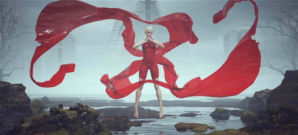 Große futuristische Sci-Fi-Weltraumfrau in einem roten Ganzkörperanzug mit Retro-Glasschale Helm in einer Alien-Landschaft Mysteriöse Nebel Verlassene brutalistische Architektur 3D-Illustration Rendering