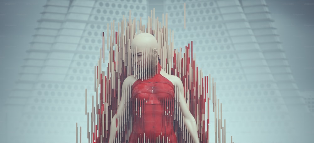 Futurista Mujer Fuerte Pose Agresiva en un Traje de Cuerpo Rojo con Formas Abstractas 3D Paisaje Alienígena Foggy Abandonado Arquitectura Brutalista Ilustración 3D Render