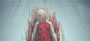 Futuristic Female Strong Aggressive Pose in a Red Body Suit With Abstract 3d Shapes Alien Landscape Foggy Abandoned Brutalist Architecture 3d illustration render