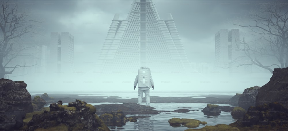 Astronaut Alien Landscape near a Foggy Abandoned Brutalist Style Architecture in the Distance 3d illustration render
