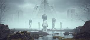 Astronauta Paisaje alienígena flotante con tentáculos largos cerca de una brumosa arquitectura de estilo brutalista abandonado en la distancia Ilustración 3D render