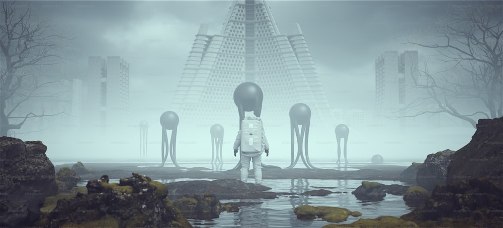 Paysage extraterrestre d’astronaute Extraterrestres flottants avec de longs tentacules près d’un brouillard Architecture de style brutaliste abandonné au loin Rendu d’illustration 3D