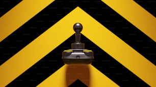 Joystick negro amarillo con fondo de patrón de chevron amarillo y negro Render de ilustración 3D