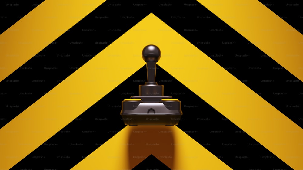 Gelber schwarzer Joystick mit gelbem und schwarzem Chevron-Muster-Hintergrund 3D-Illustrations-Rendering