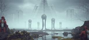 2 hombres con trajes de materiales peligrosos observando extraños alienígenas flotantes negros con tentáculos largos y edificios de arquitectura brutalista abandonados en la distancia Render de ilustración 3D