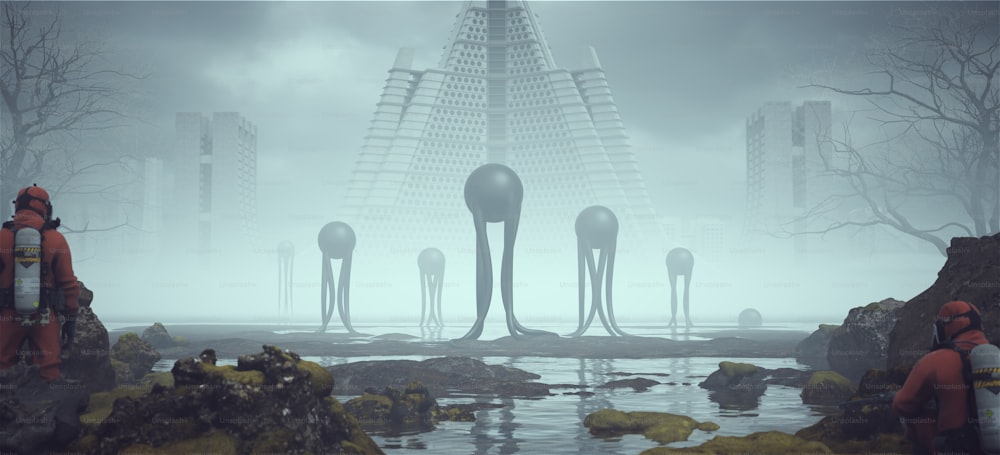 2 Homens em Hazmat Suits Observando Estranhos Alienígenas Flutuantes Negros com Tentáculos Longos e Edifícios de Arquitetura Brutalista Abandonados à Distância Ilustração 3D render